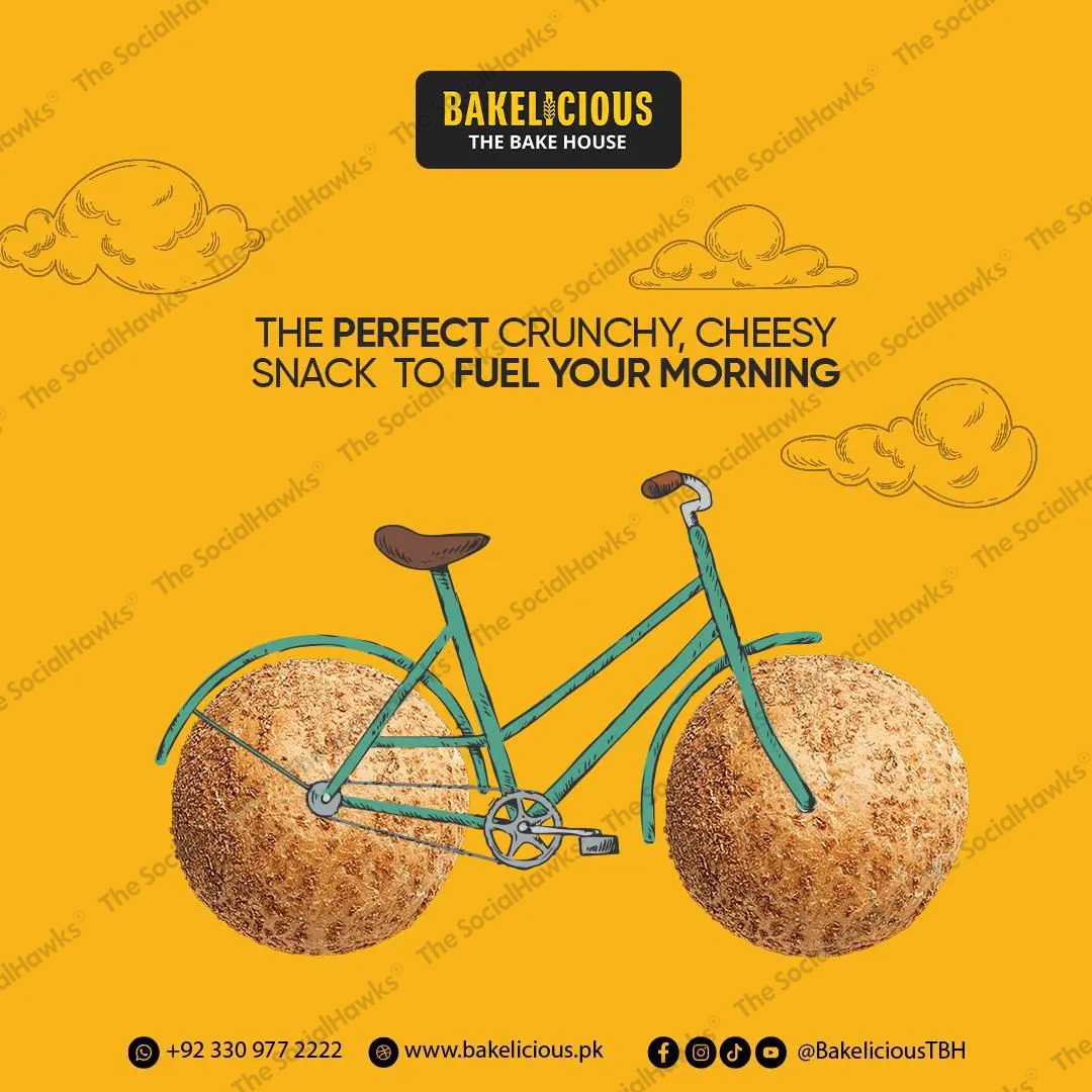 Bakelicious crunchy cheesy snack post with bicycle using pastry wheels illustration
